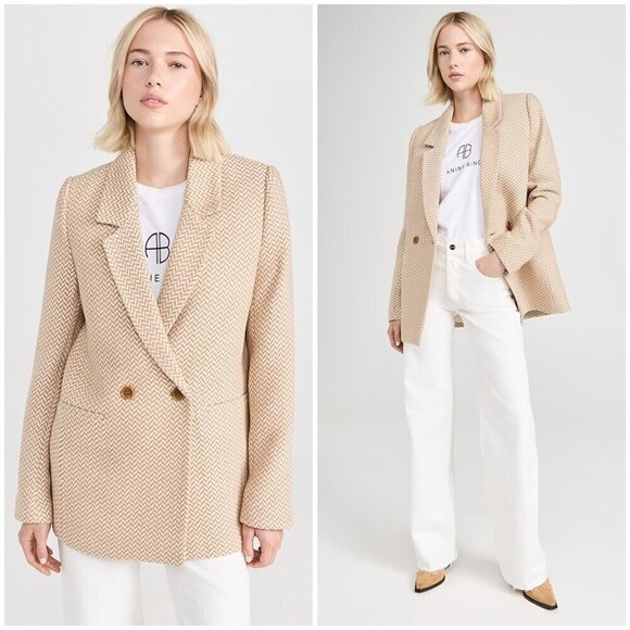 💕ANINE BING💕 Tweed Double Breasted Fishbone Blazer ~ Tan & Cream XL - Picture 2 of 16
